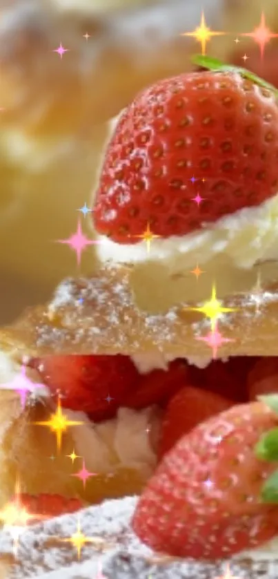 Strawberry dessert atop flaky pastry with colorful starry sparkle overlay.