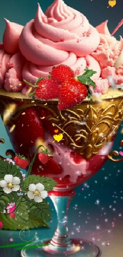 Elegant strawberry dessert wallpaper with pink cream.
