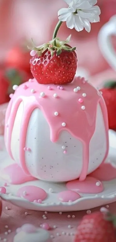 A strawberry dessert with pink icing decorates a plate.