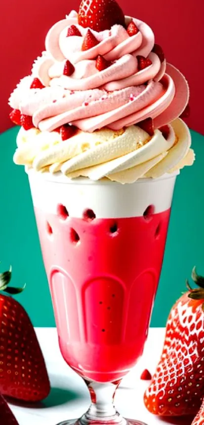 Vibrant strawberry dessert in a glass with red background.