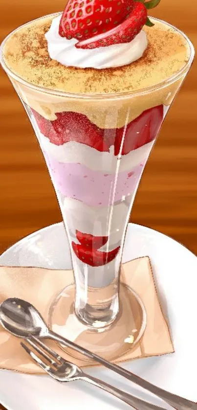 Strawberry parfait in a glass with cream and a fresh berry on top.