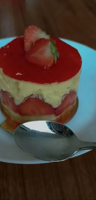 Strawberry topped dessert on a white plate.