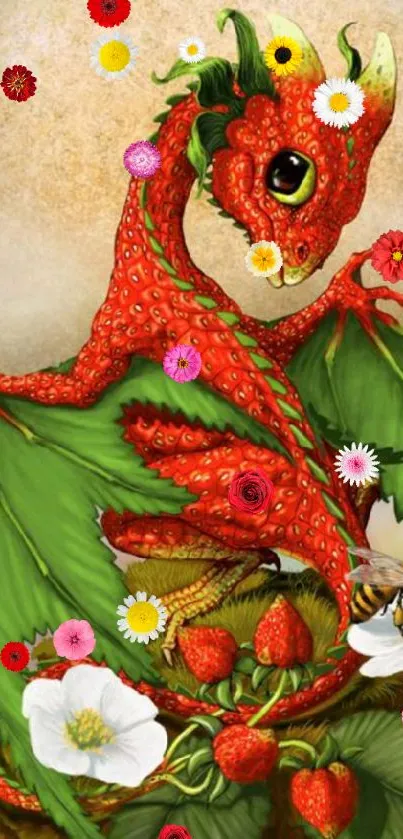 Strawberry dragon perched among flowers with vibrant colors.