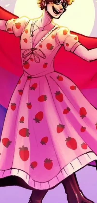 Character in a vibrant strawberry dress with whimsical background.