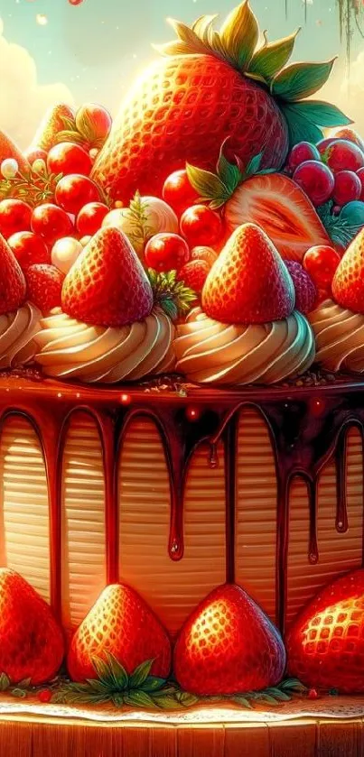 A fantasy cake adorned with strawberries and chocolate drips in a vibrant setting.