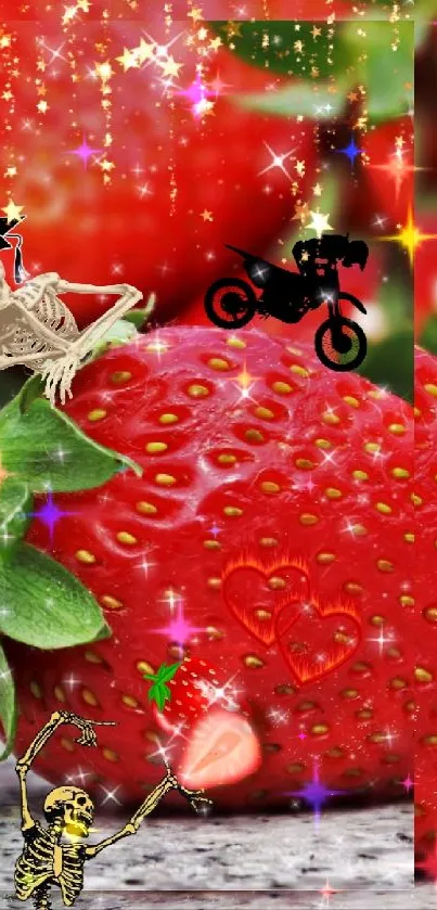 Mobile wallpaper featuring strawberries with vibrant, whimsical fantasy elements.