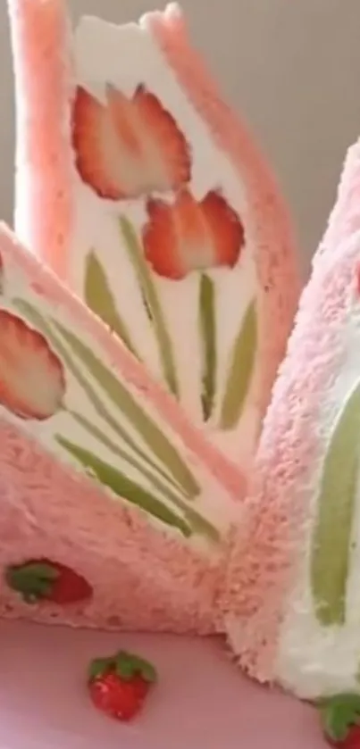 Artistic floral dessert with strawberries on a plate.