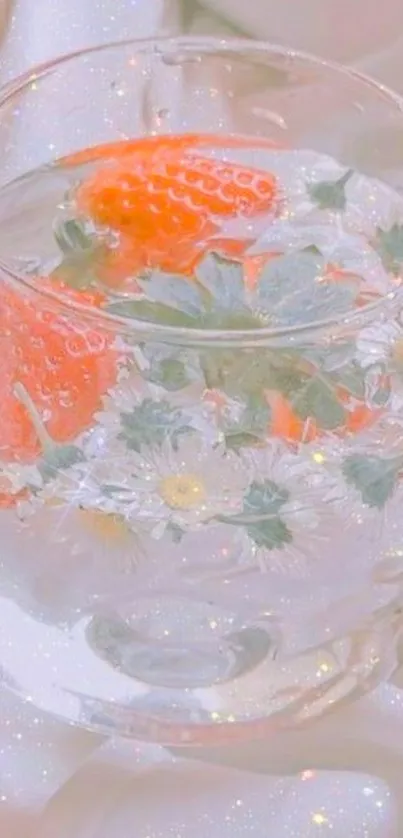 Glass with strawberries and flowers in soft pink.