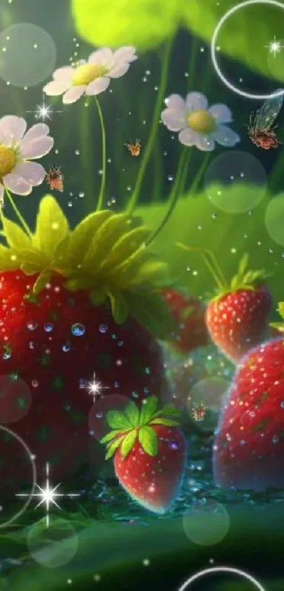 Fantasy strawberry garden with flowers and dewdrops in vivid colors.