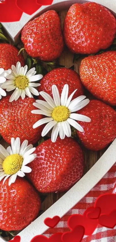 Heart-shaped strawberries with daisies wallpaper.