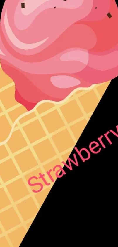 Pink strawberry ice cream cone on black background.