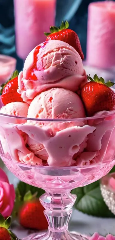 Pink strawberry ice cream with strawberries in a glass dish.