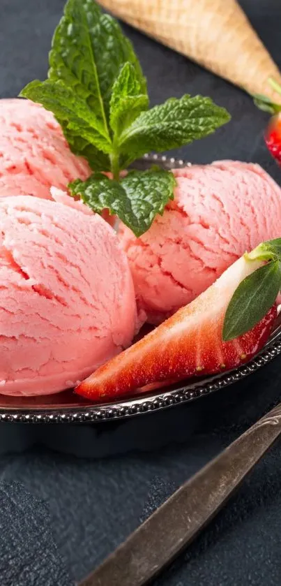 Strawberry ice cream with mint and berries on a decorative plate.