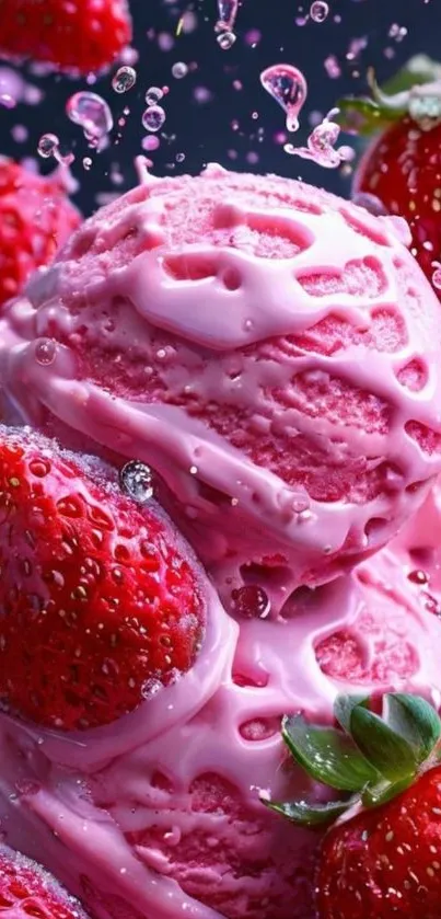 Close-up of pink strawberry ice cream with fresh strawberries and splash effect.