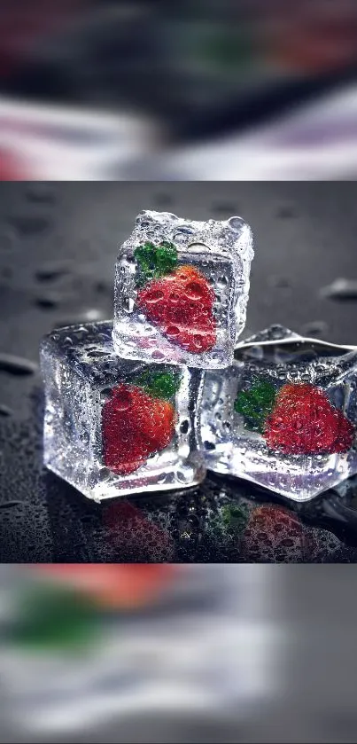 Strawberries frozen inside clear ice cubes on a dark, wet surface.