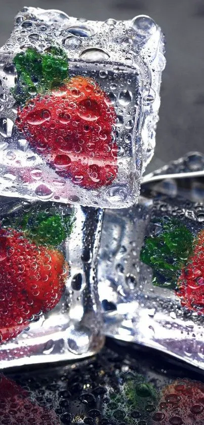 Vivid strawberry ice cubes mobile wallpaper with water droplets.