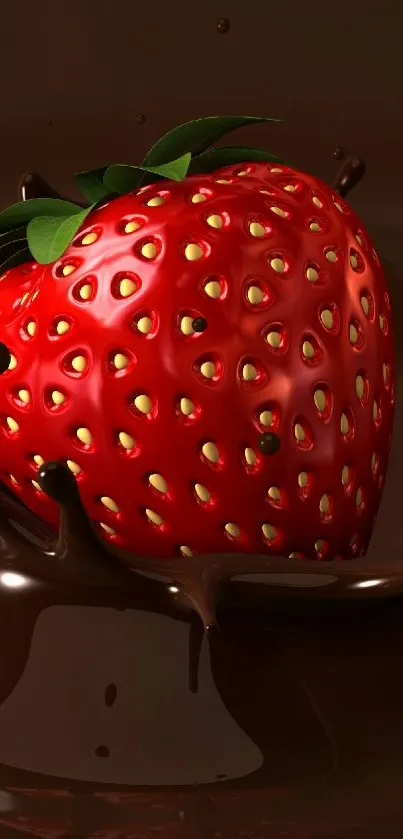 Vibrant strawberry splashing into rich chocolate background.