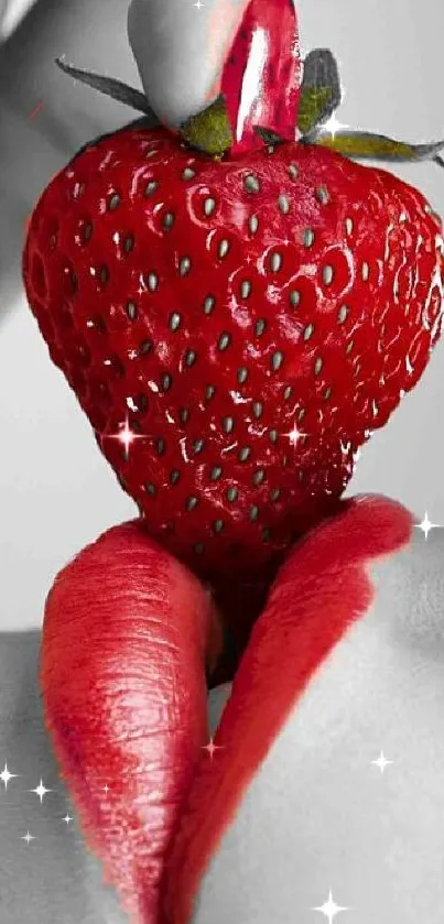 Artistic wallpaper of red lips holding a strawberry.