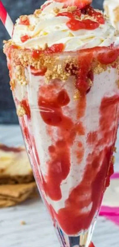 Strawberry milkshake with whipped cream topping and red syrup drizzle.