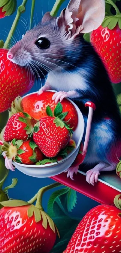 Whimsical mouse with strawberries in a vibrant fantasy art scene.