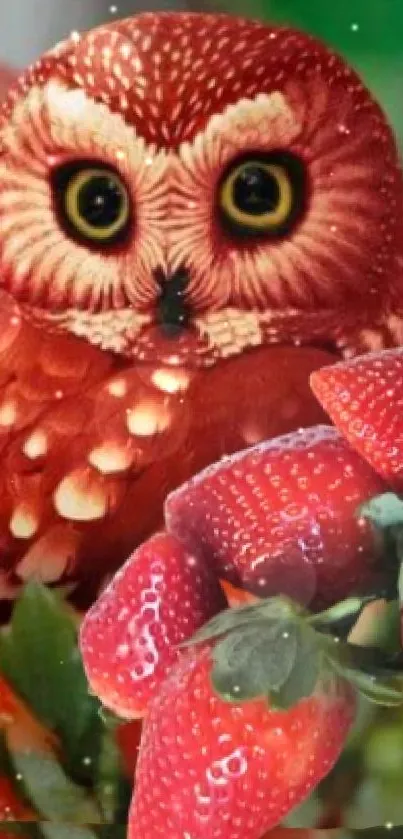 Whimsical owl surrounded by strawberries in vibrant fantasy art.