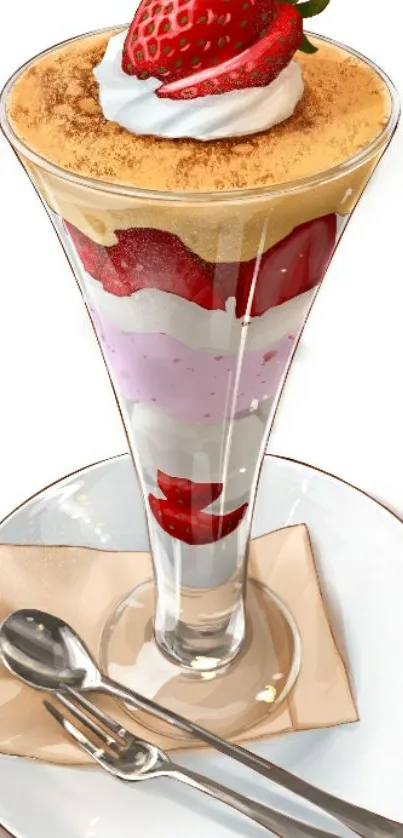 Illustration of a strawberry parfait with whipped cream and a strawberry on top.