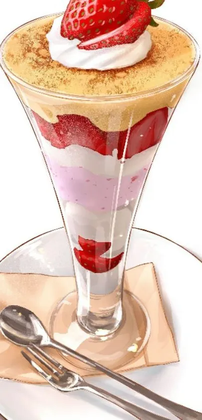 Illustrated strawberry parfait with cream and strawberries in a glass.