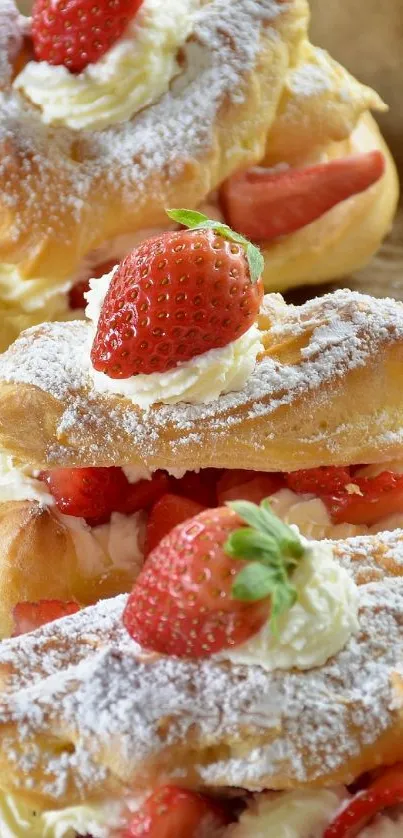 Three strawberry-filled pastries with cream on parchment paper, garnished with strawberries.