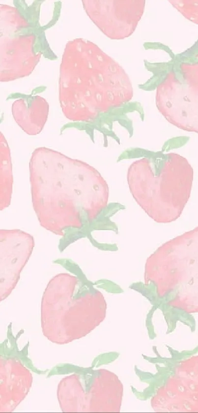 Cute pink strawberry pattern with green leaves on a mobile wallpaper.