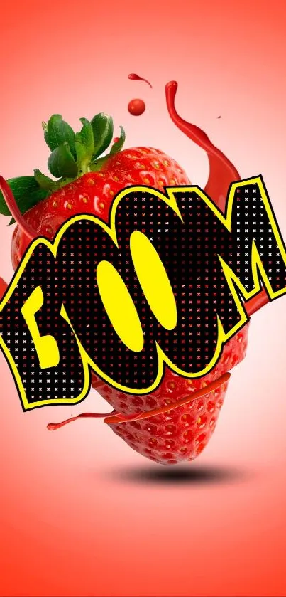 Vibrant pop art strawberry with BOOM text splash on red background.