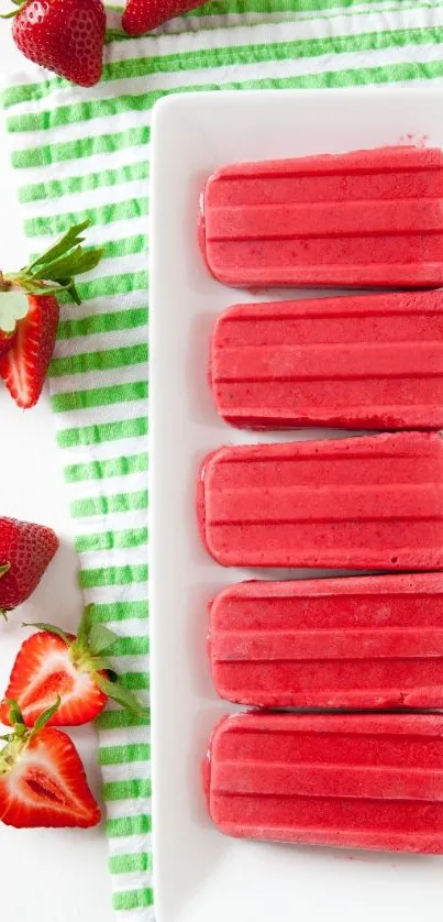 Red strawberry popsicles on a white plate with fresh green-striped towel.