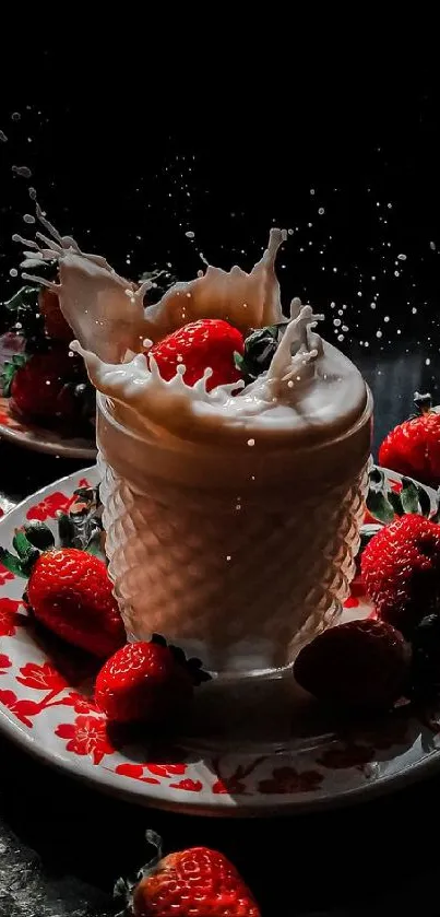 Strawberry and cream splash in a glass jar with surrounding strawberries.