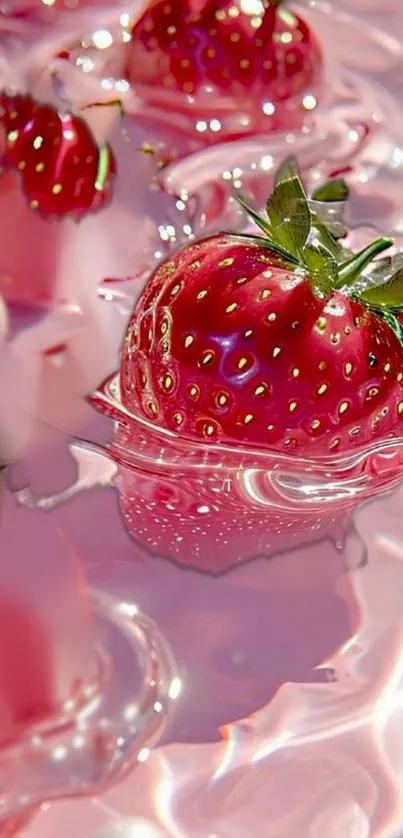 Close-up of a strawberry floating on pink rippling water.