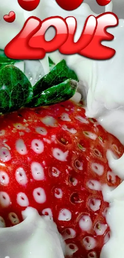 Juicy strawberry splash with love text on white background.