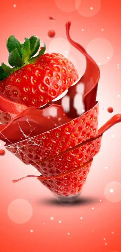 Splashing strawberry with red background mobile wallpaper.