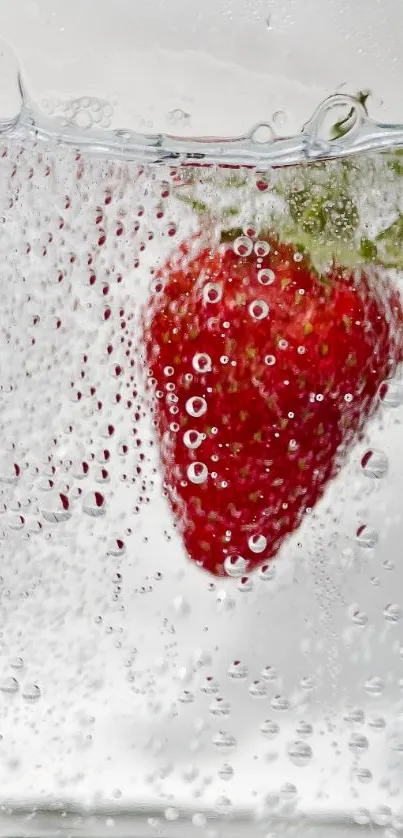 Close-up of a strawberry with water bubbles on a mobile wallpaper.