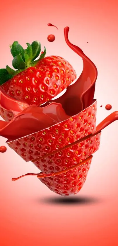 Dynamic strawberry splash on bright background.