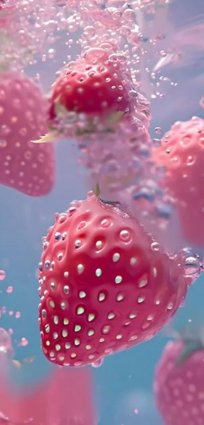 Pink strawberries submerged in water, creating a vibrant splash effect.