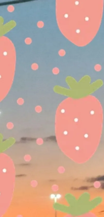 Strawberry pattern with sunset background mobile wallpaper.