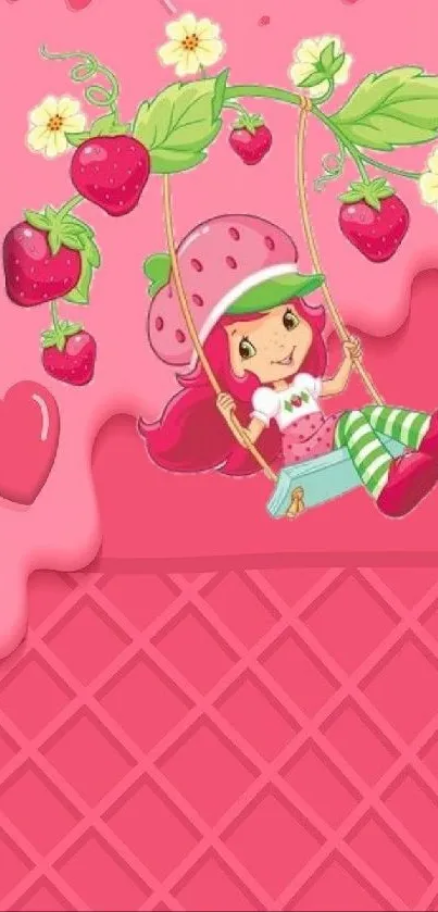 Playful character on strawberry swing with pink and floral design.