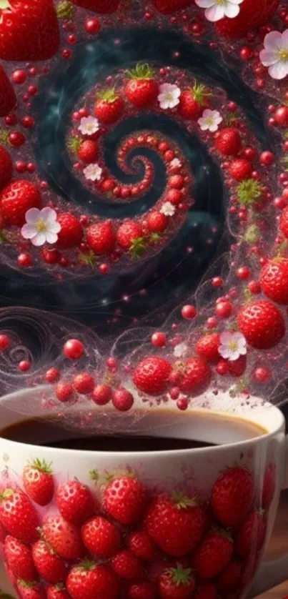 Coffee cup with strawberries in a spiral design.