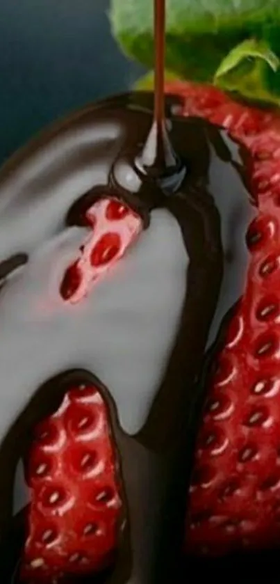 Strawberry covered with rich chocolate drizzle on dark background.