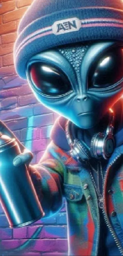 Alien artist with spray can on colorful wall background.