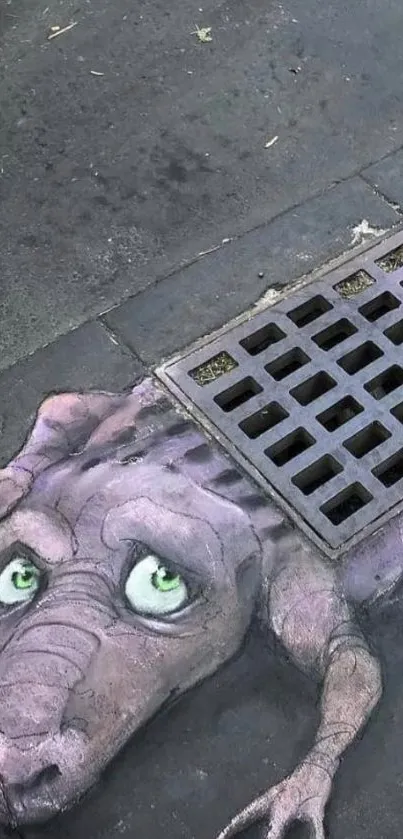 Street art creature emerging from a drain, vibrant and quirky.