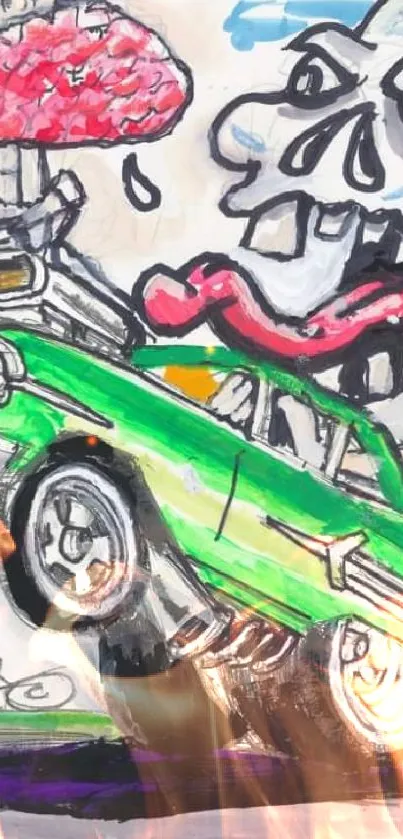 Green muscle car with cartoon monster street art design.