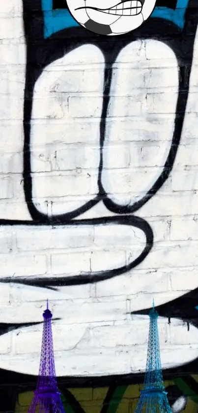 Street art graffiti with peace hand sign on brick wall.