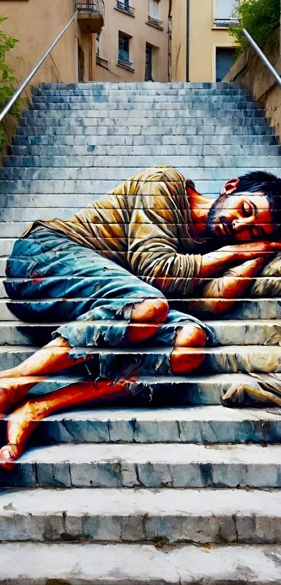 Artistic mural of man sleeping on stairs.