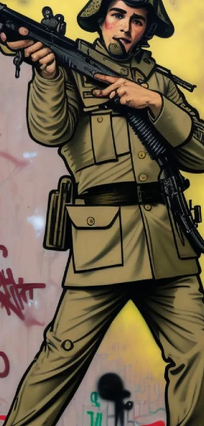 Graffiti art of a soldier with a rifle on a vibrant street wall.