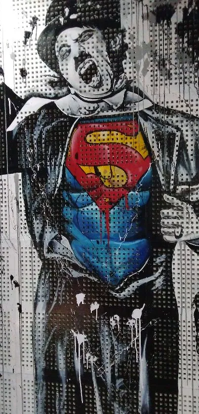 Street art of a superhero in vivid colors and black-and-white contrast.