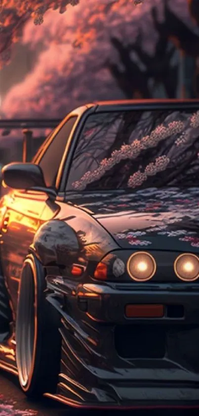 A sleek car with cherry blossoms on a street.